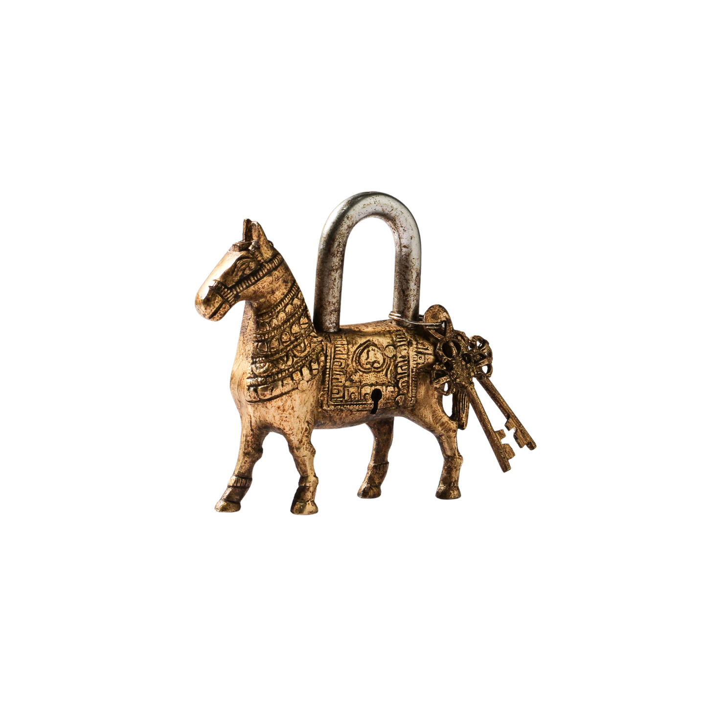 Indian brass horse padlock with keys front angled view
