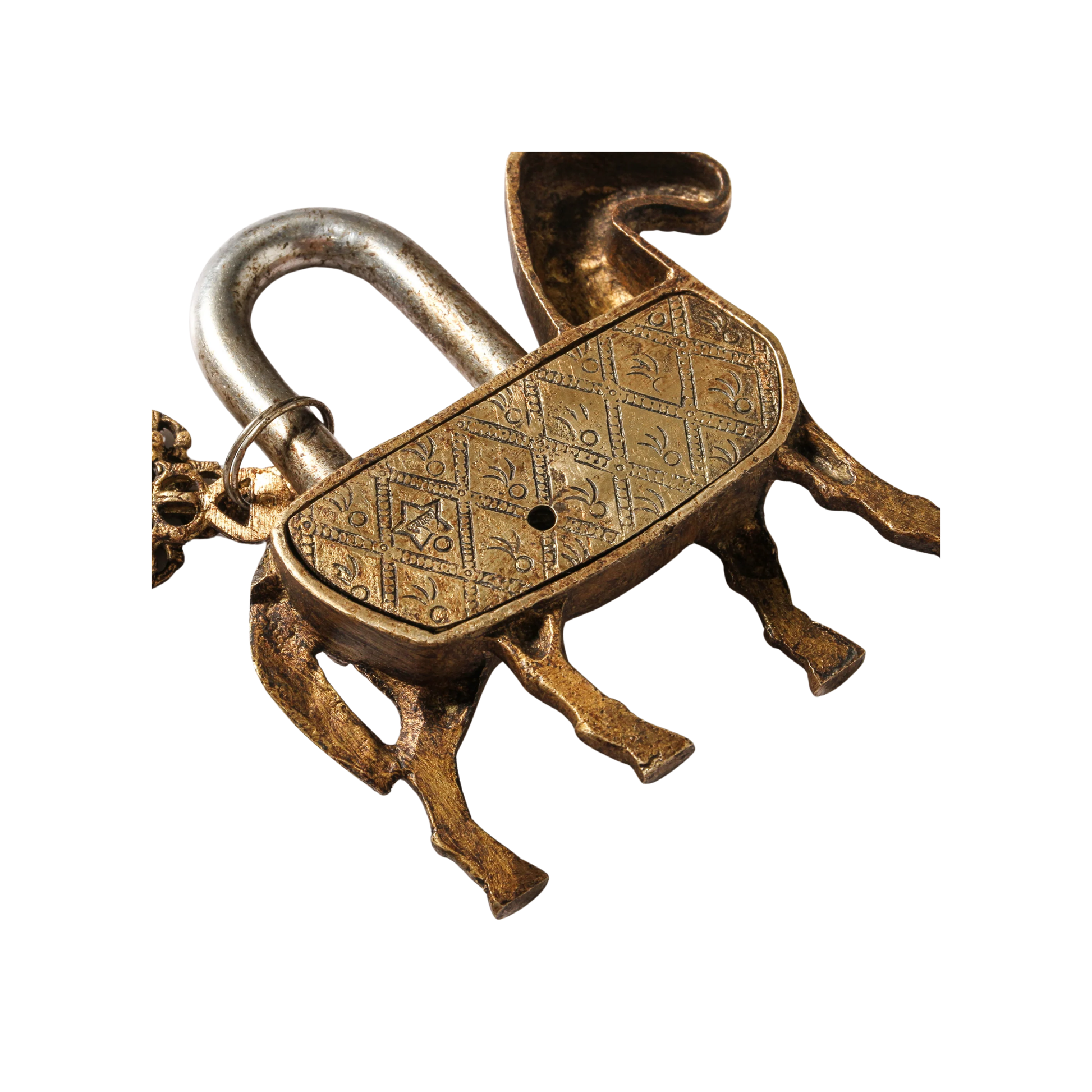 Indian brass horse padlock with keys close up back view