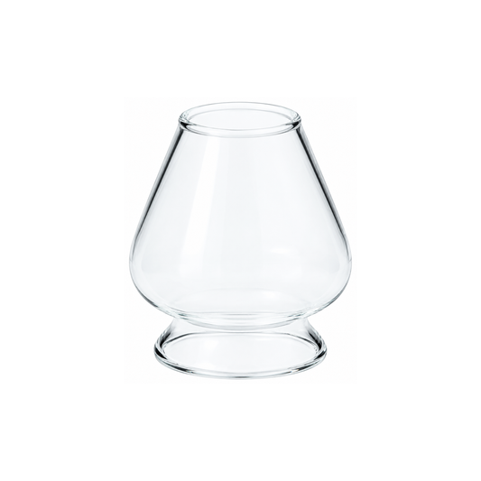 Front view of the Fathom Japanese Glass Matcha Whisk Stand in clear glass, designed to maintain Chasen shape after washing.