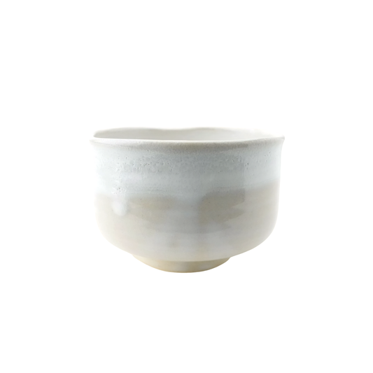 Side view of Fathom Japanese Hasami Ware Matcha Bowl in white, ceramic with textured finish, compact lightweight design for casual matcha.