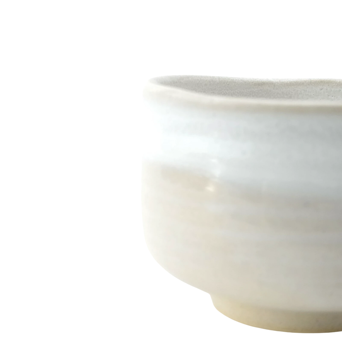 Close up side view of Fathom Japanese Hasami Ware Matcha Bowl in white, ceramic with textured finish, compact lightweight design for casual matcha.