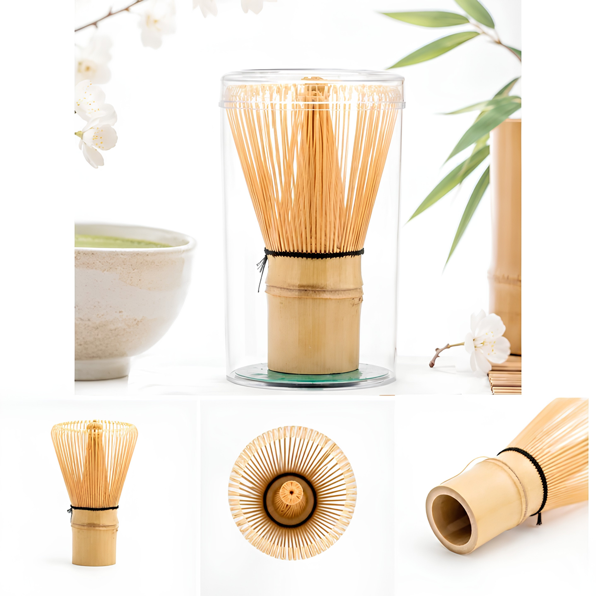 Side view, top view, bottom side view of Fathom Japanese Matcha Whisk 120 Prong White Bamboo in natural ivory, handcrafted from white bamboo with 120 fine prongs for whisking matcha into smooth, creamy foam.