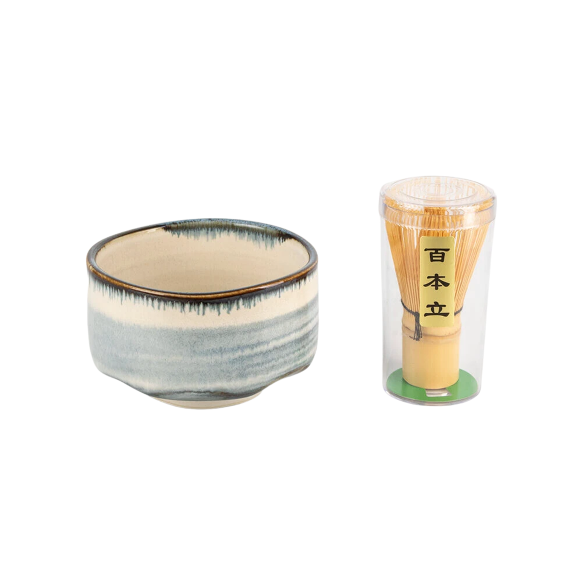 Front view of the bowl and whisk from Fathom Japanese Mino Ware Matcha Bowl and Whisk Set in blue, ceramic with bamboo whisk, featuring 100-prong chasen.