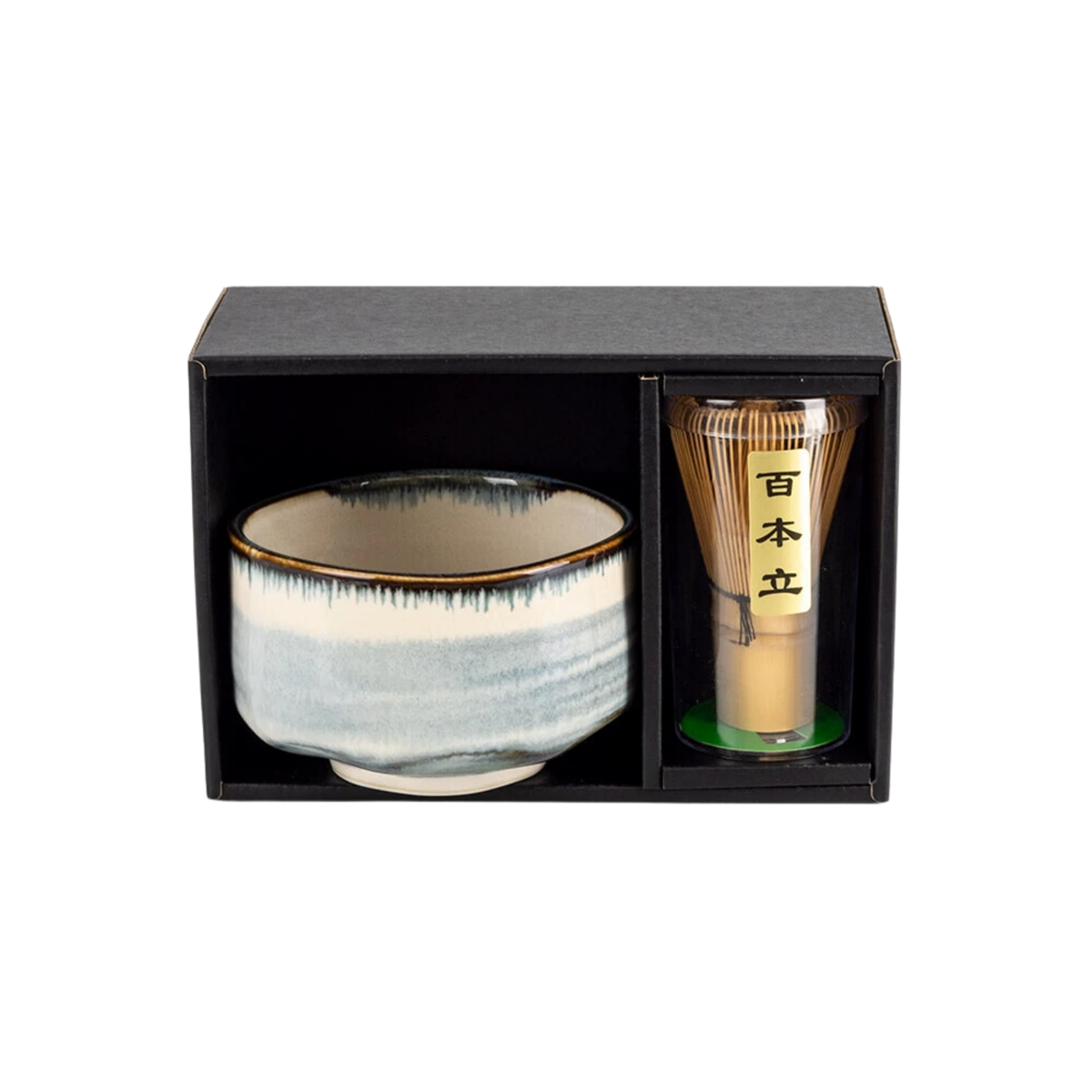Fathom Japanese Mino Ware Matcha Bowl and Whisk Set in blue, ceramic with bamboo whisk, featuring 100-prong chasen, shown inside the packaging box.