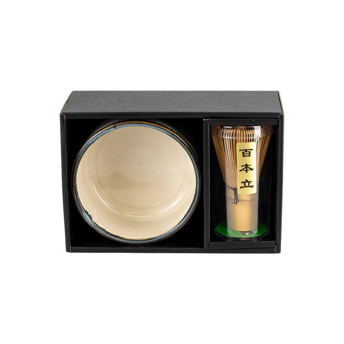 Fathom Japanese Mino Ware Matcha Bowl and Whisk Set in blue, ceramic with bamboo whisk, featuring 100-prong chasen, shown inside the packaging box with the inside view of the bowl.