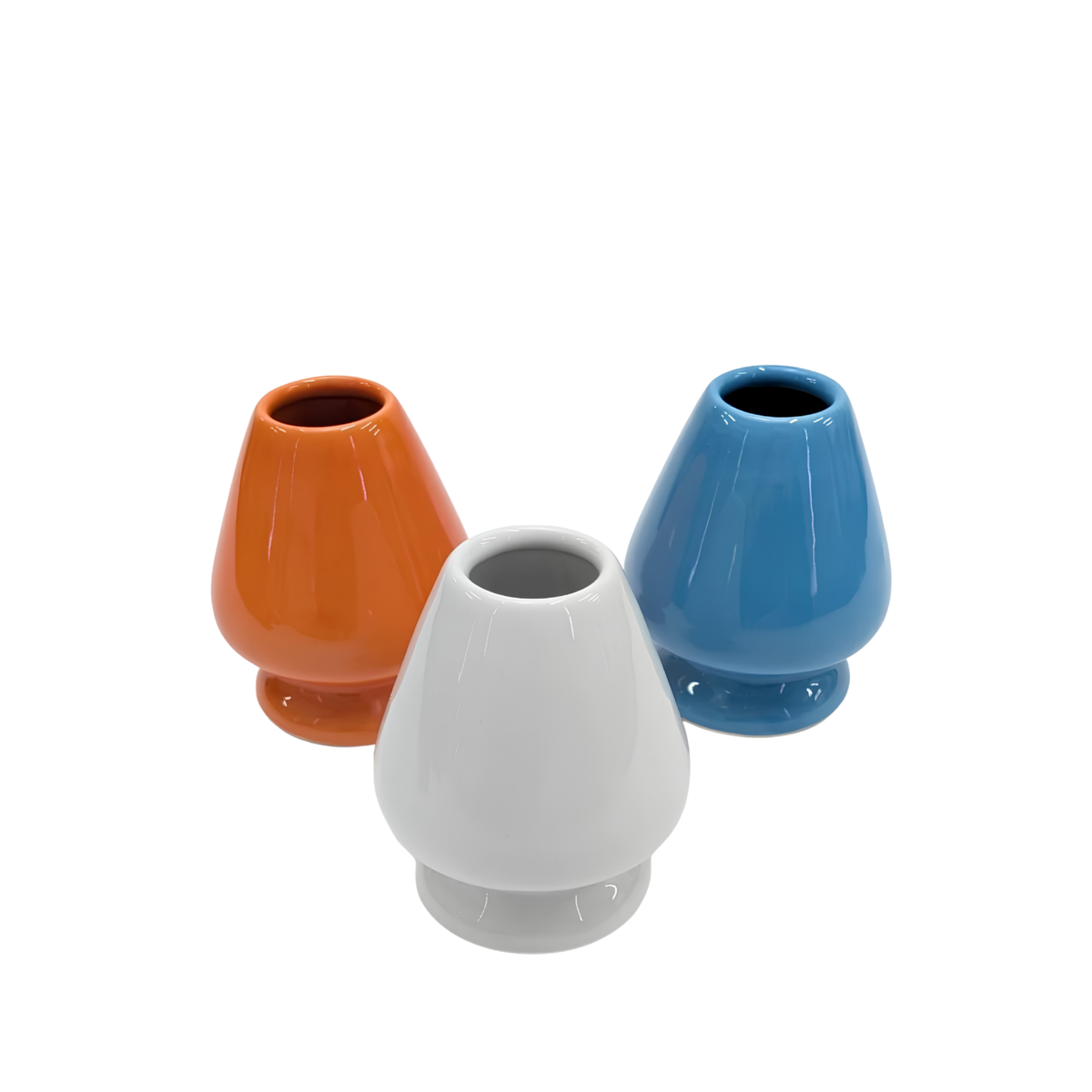 Fathom Japanese Mino Ware Matcha Whisk Stand White Ceramic, preserves Chasen shape after washing, shown standing with color orange and blue variant.