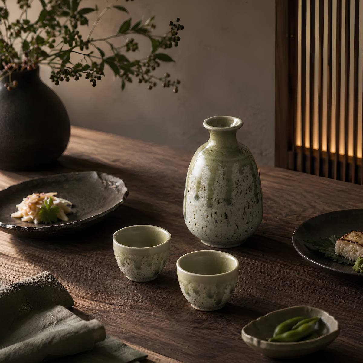 Two Fathom Japanese Sake Cup in light green and cream, handcrafted ceramic with drip glaze, rounded shape and 30ml serving capacity, shown on wooden table with a jug.