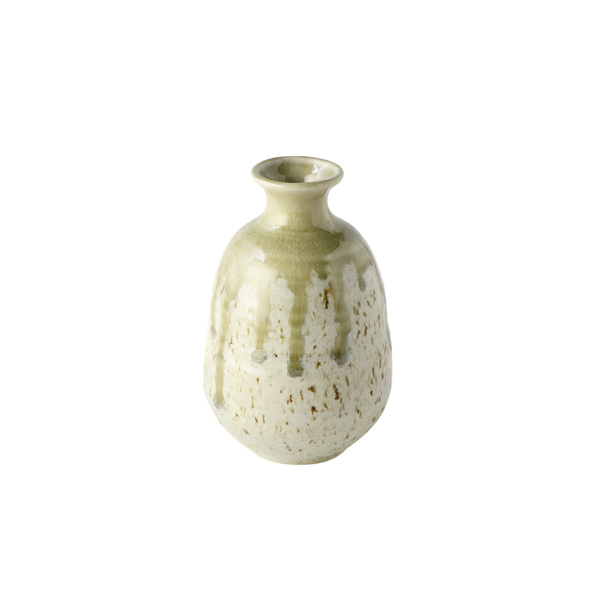 Front view of Fathom Japanese Sake Jug in light green, ceramic with drip glaze, rounded body and narrow neck for smooth pouring.