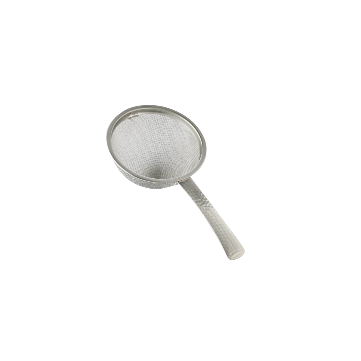 Front view of the Fathom Japanese Tea Strainer Silver Stainless Steel, flat design strains tea leaves and matcha powder.
