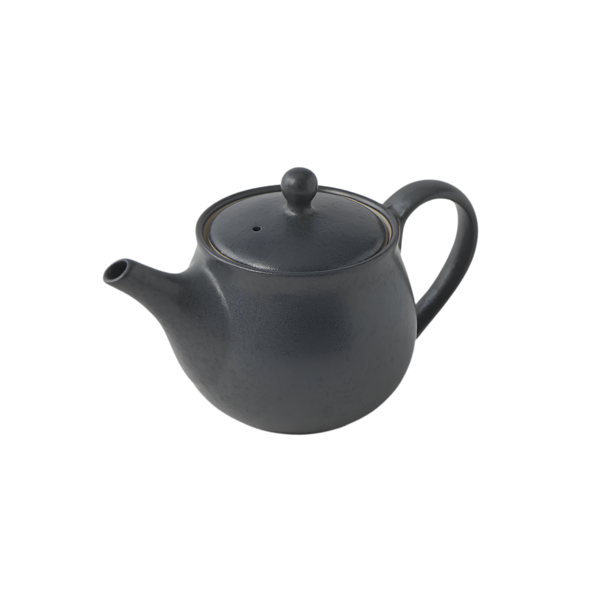 Semi top view of Fathom Japanese Teapot in matt black, ceramic with satin glaze, rounded form and graceful spout for smooth pouring.