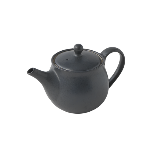 Semi top view of Fathom Japanese Teapot in matt black, ceramic with satin glaze, rounded form and graceful spout for smooth pouring.