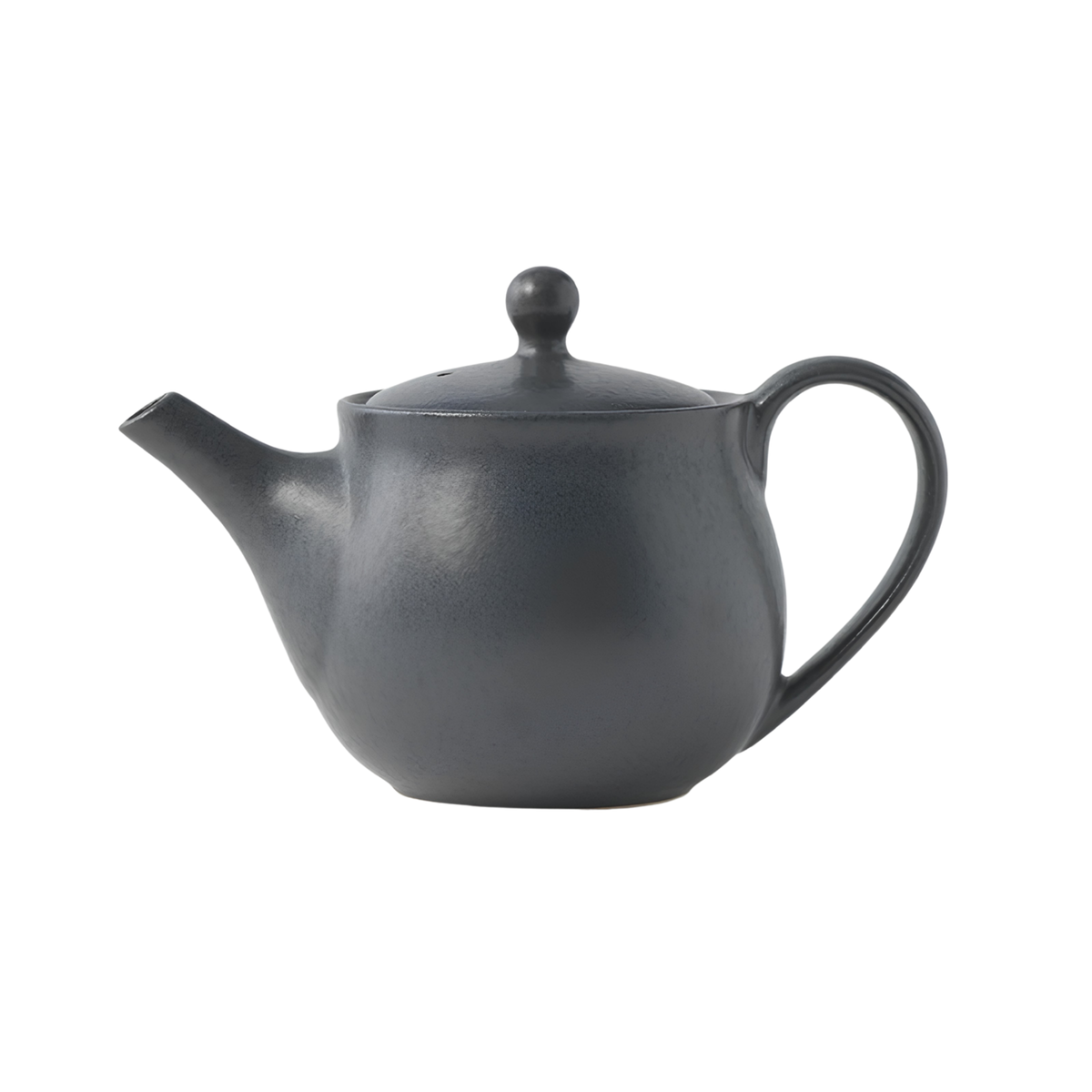Side view of Fathom Japanese Teapot in matt black, ceramic with satin glaze, rounded form and graceful spout for smooth pouring.