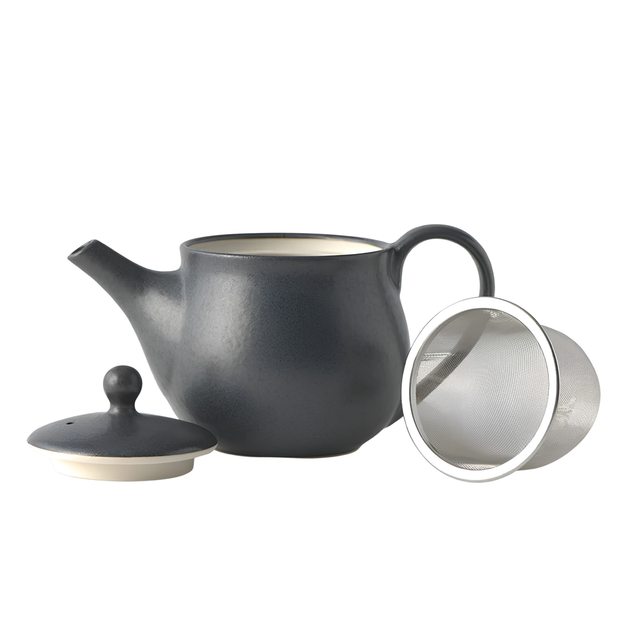Showing the teapot, lid and strainer from the Fathom Japanese Teapot in matt black, ceramic with satin glaze, rounded form and graceful spout for smooth pouring.