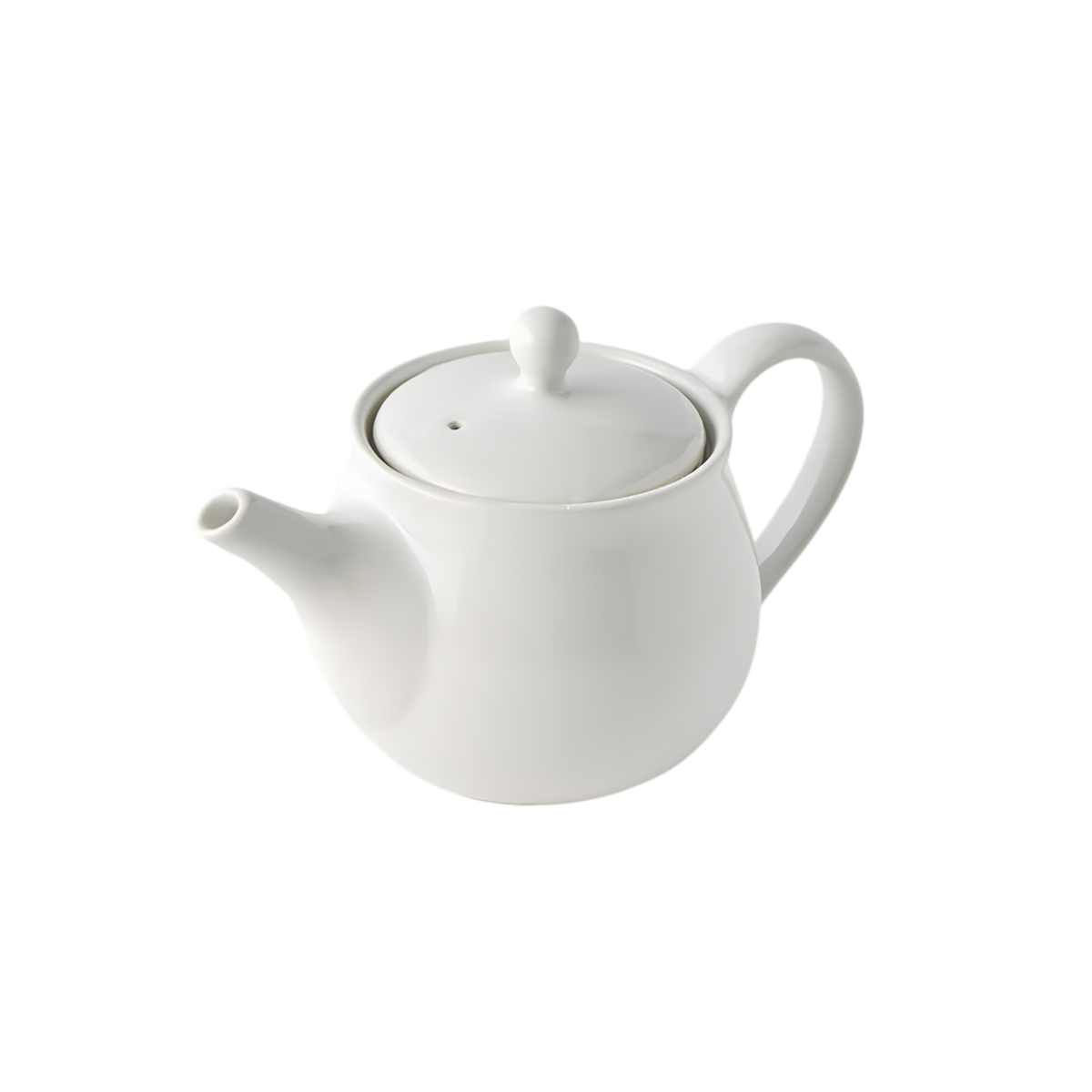 Semi top view of Fathom Japanese Teapot in matt white, ceramic with stainless steel infuser, 400ml capacity and smooth-pouring spout.