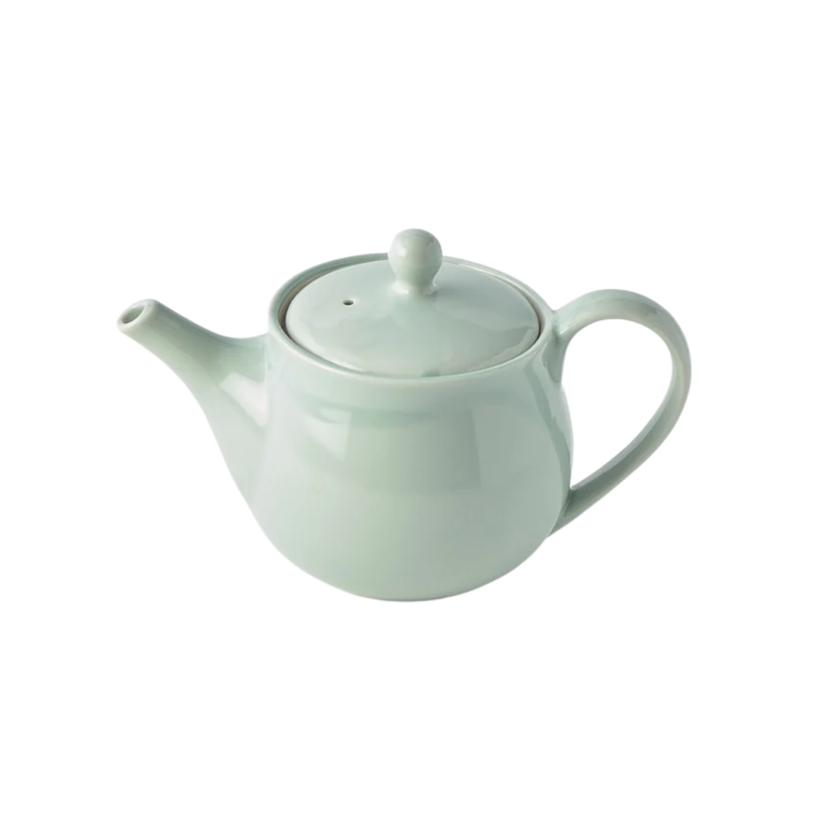 Semi top view of Fathom Japanese Teapot in light green, ceramic with smooth Tomei glaze, 400ml capacity and balanced form for smooth pouring.