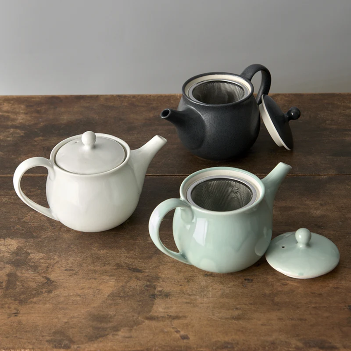 Open teapots with the Fathom Japanese Teapot in light green, ceramic with smooth Tomei glaze, 400ml capacity and balanced form for smooth pouring.
