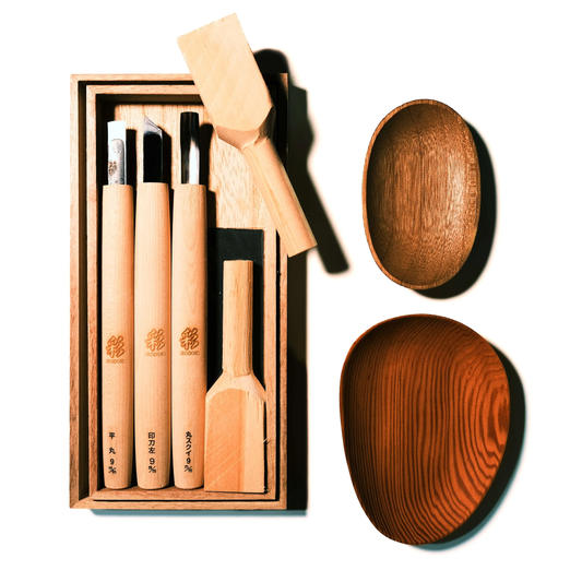 Fathom Japanese Teaspoon Carving Kit for Beginners for making wooden spoons from a Bowl Gouge, skew knife, flat fingernail gouge, Cypress blanks sized for making teaspoons, sandpaper and timber box for the set.