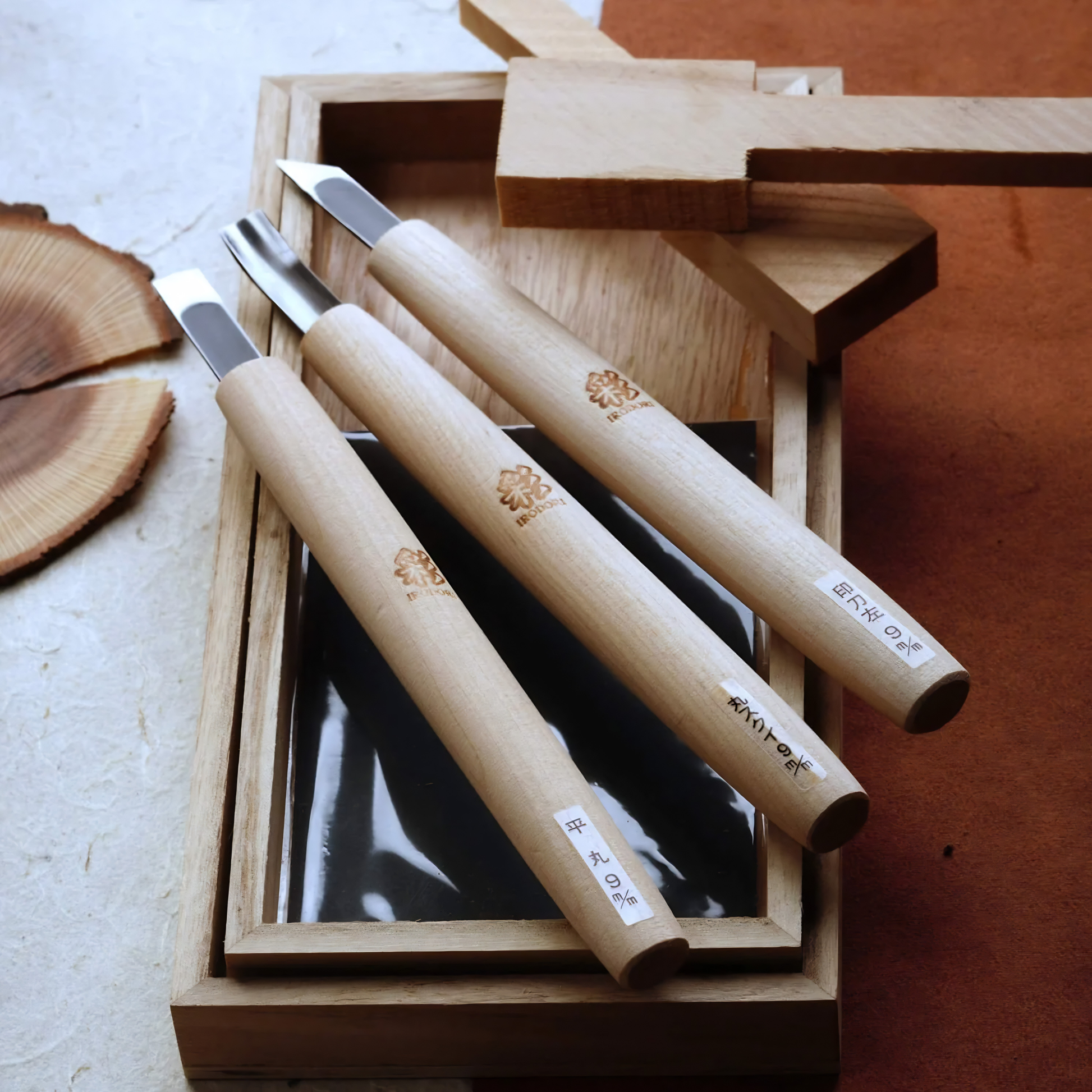 Featuring the carving knives from Fathom Japanese Teaspoon Carving Kit for Beginners for making wooden spoons from a Bowl Gouge, skew knife, flat fingernail gouge, Cypress blanks sized for making teaspoons, sandpaper and timber box for the set.