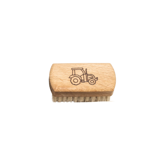 Fathom Kids Nail Brush Tractor figure engraved, made of natural bristle, soft on hands, set into beechwood.