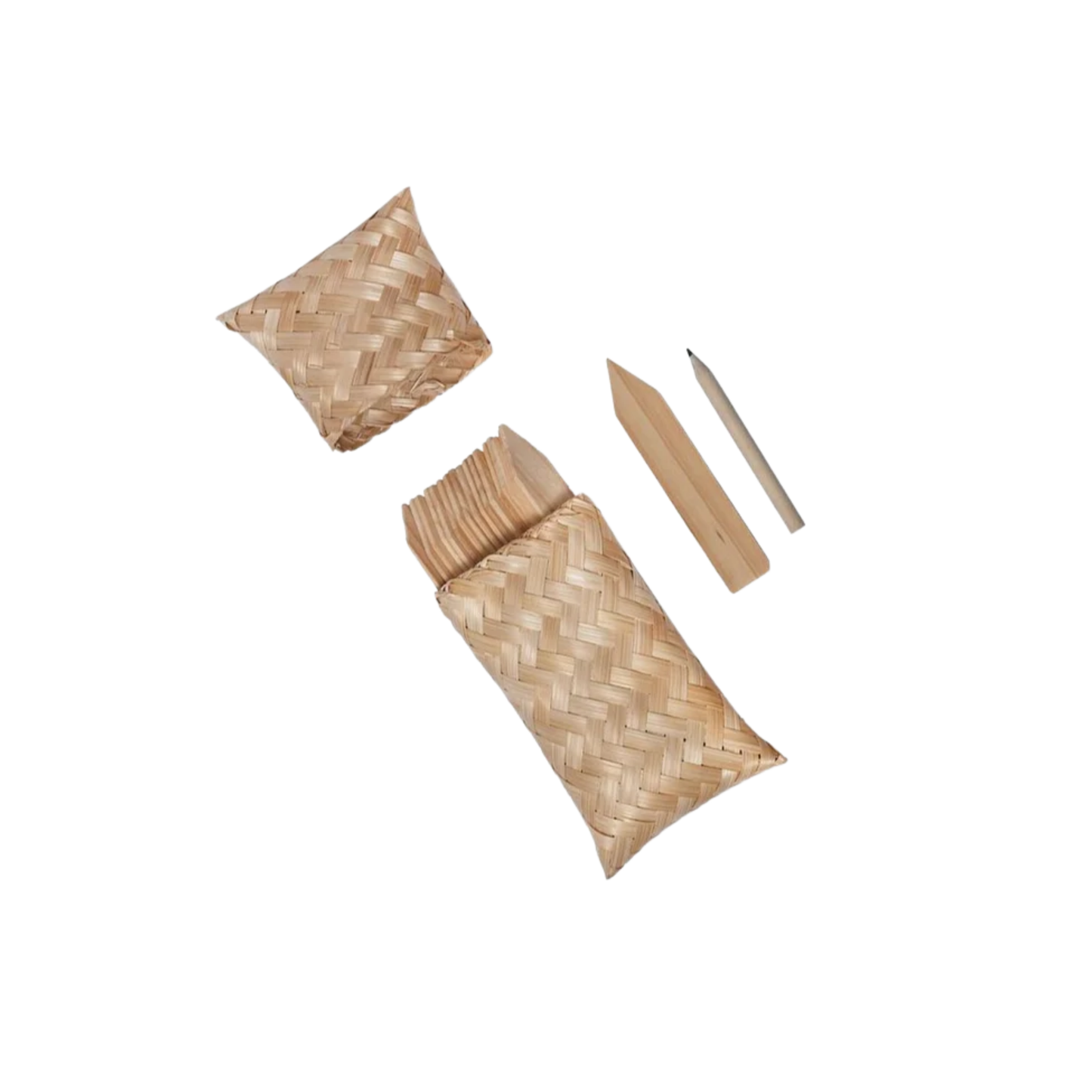 Bamboo bag containing gardening labels and pencil front view