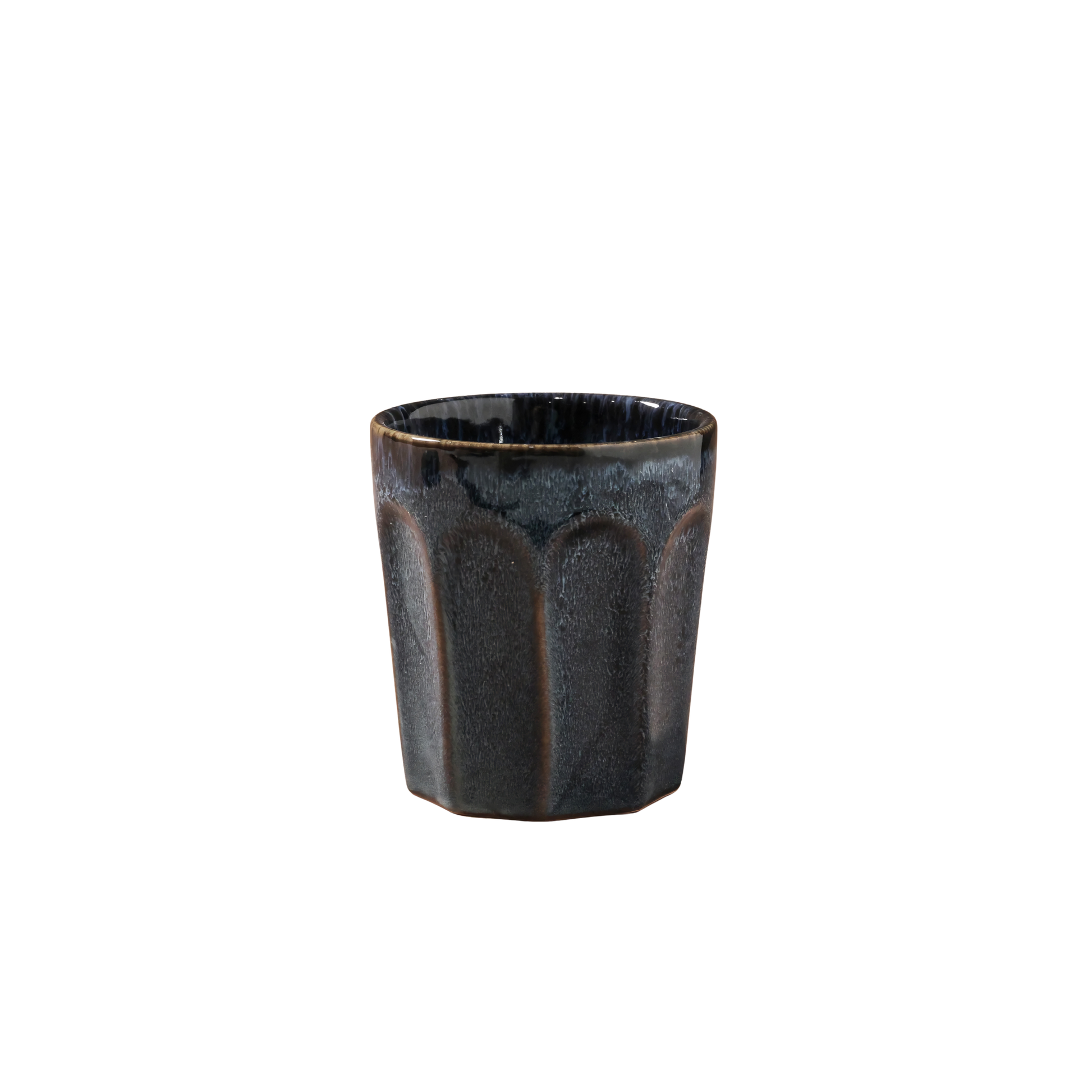 Front view of the Fathom Latte Cup Navy stoneware that is handcrafted with reactive glazes of earthly hues finish.