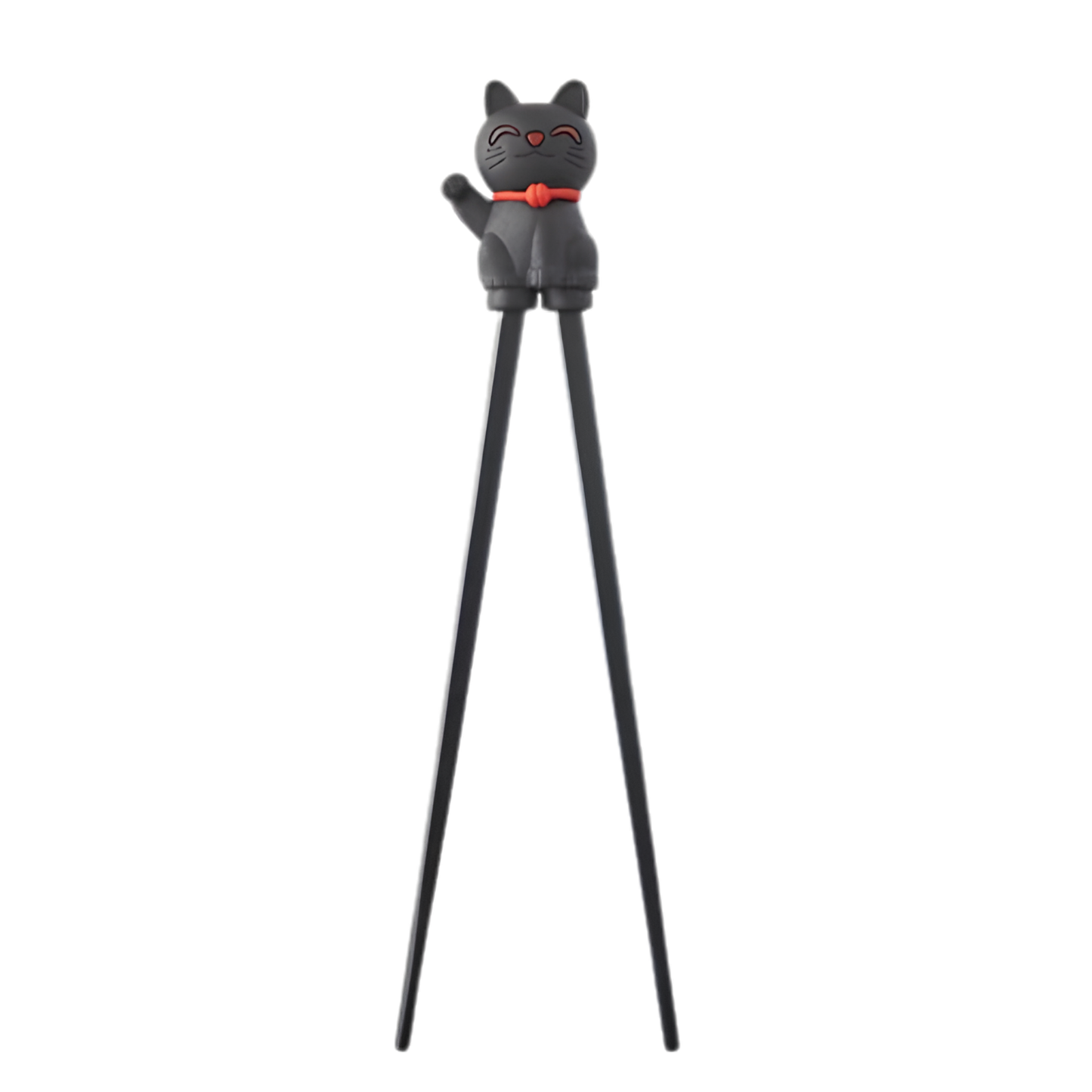 Front view of the Fathom Maneki Kids Chopsticks Black Lucky cat connected to the top for beginners to master using chopsticks.