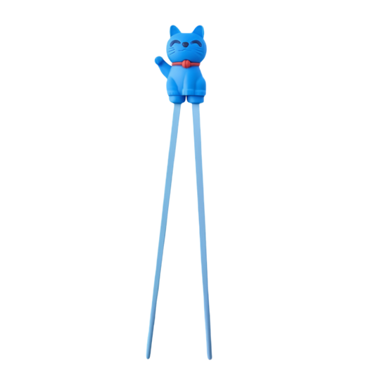 Front view of the Fathom Maneki Kids Chopsticks Blue Lucky cat connected to the top for beginners to master using chopsticks.