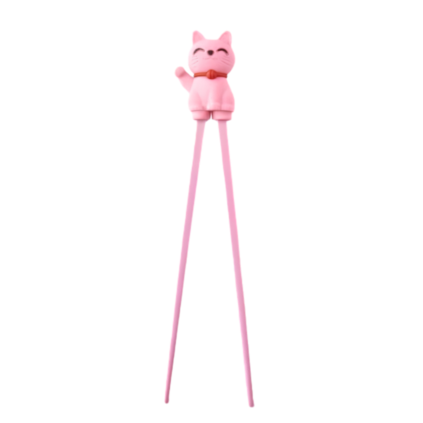 Front view of the Fathom Maneki Kids Chopsticks Pink Lucky cat connected to the top for beginners to master using chopsticks.