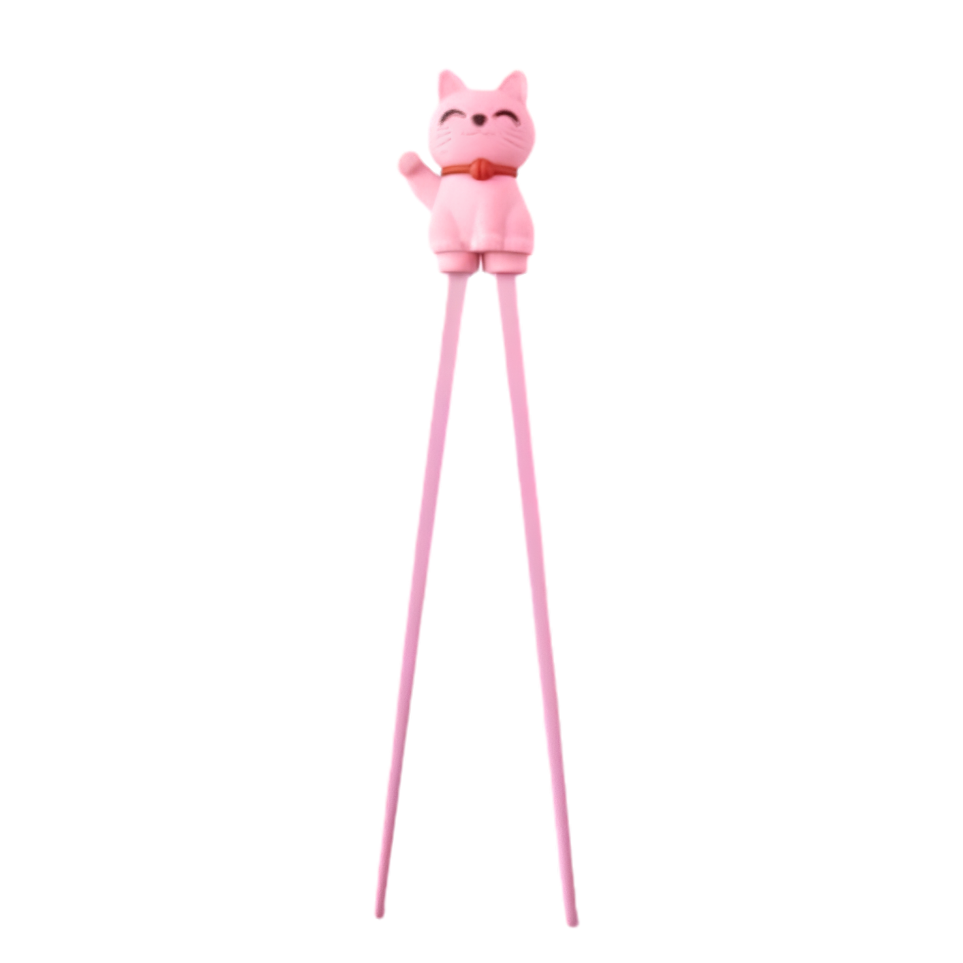 Front view of the Fathom Maneki Kids Chopsticks Pink Lucky cat connected to the top for beginners to master using chopsticks.