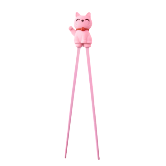 Front view of the Fathom Maneki Kids Chopsticks Pink Lucky cat connected to the top for beginners to master using chopsticks.