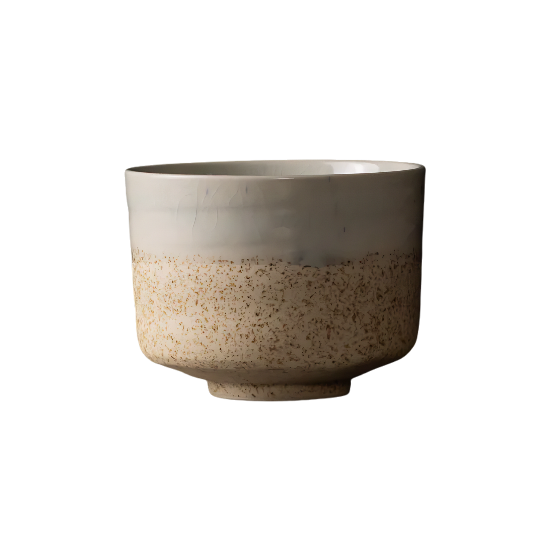 Side view of the Fathom Matcha Tea Bowl 10cm Aozora Fleck featuring a calming blue-white gradient with delicate flecked detail.