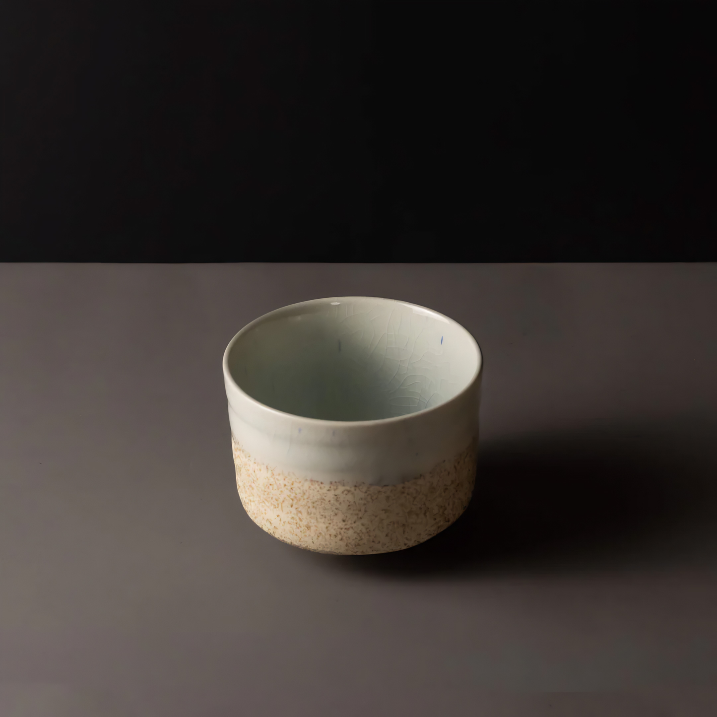 Semi top view of the Fathom Matcha Tea Bowl 10cm Aozora Fleck features a calming blue-white gradient with delicate flecked detail.