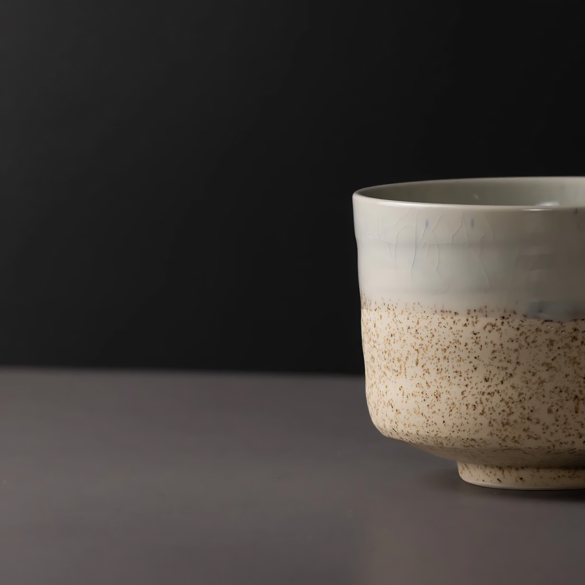 Close up view of the Fathom Matcha Tea Bowl 10cm Aozora Fleck features a calming blue-white gradient with delicate flecked detail.