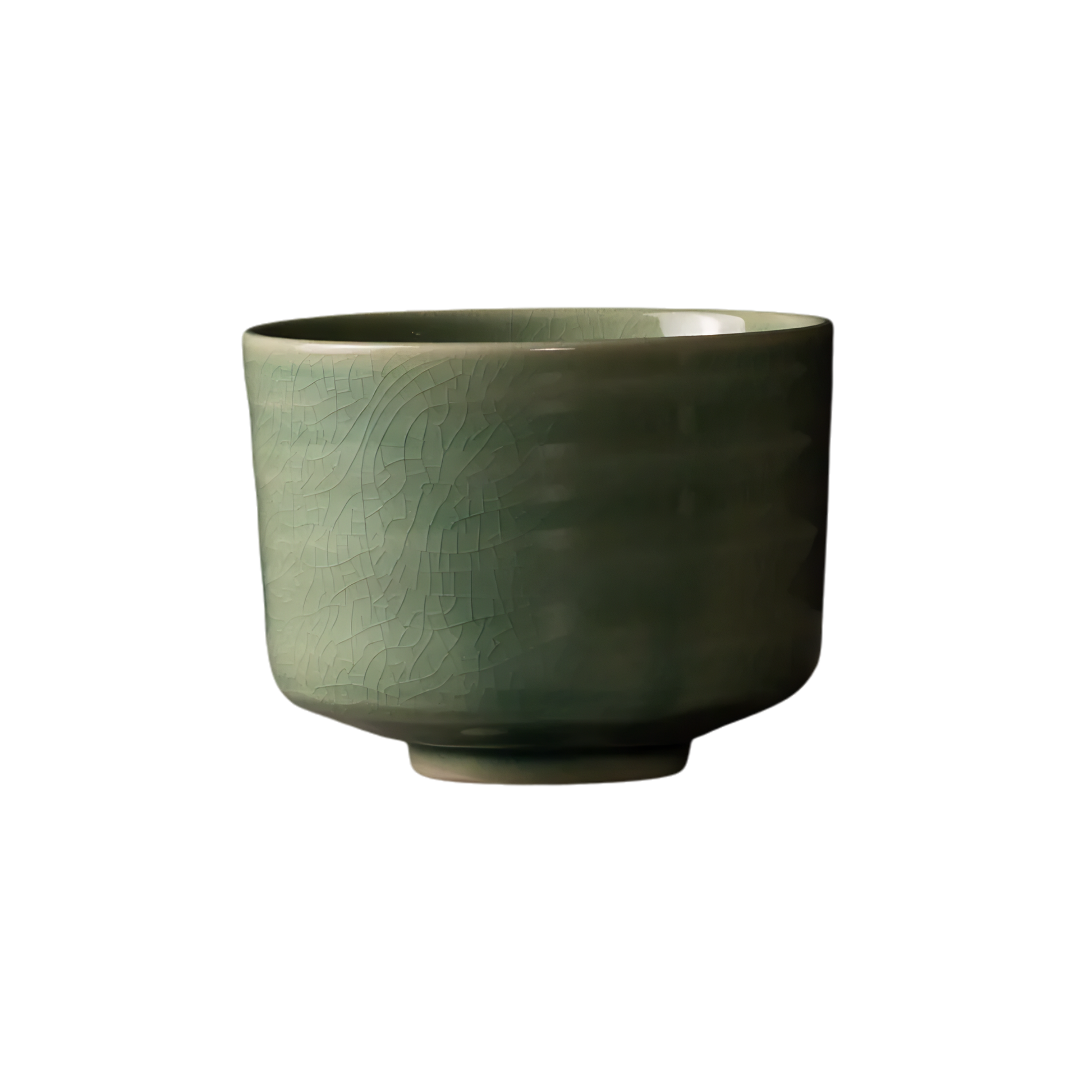 Side view of the Fathom Matcha Tea Bowl 10cm Jade wit glaze that is smooth, glossy soft green with gentle natural colour.