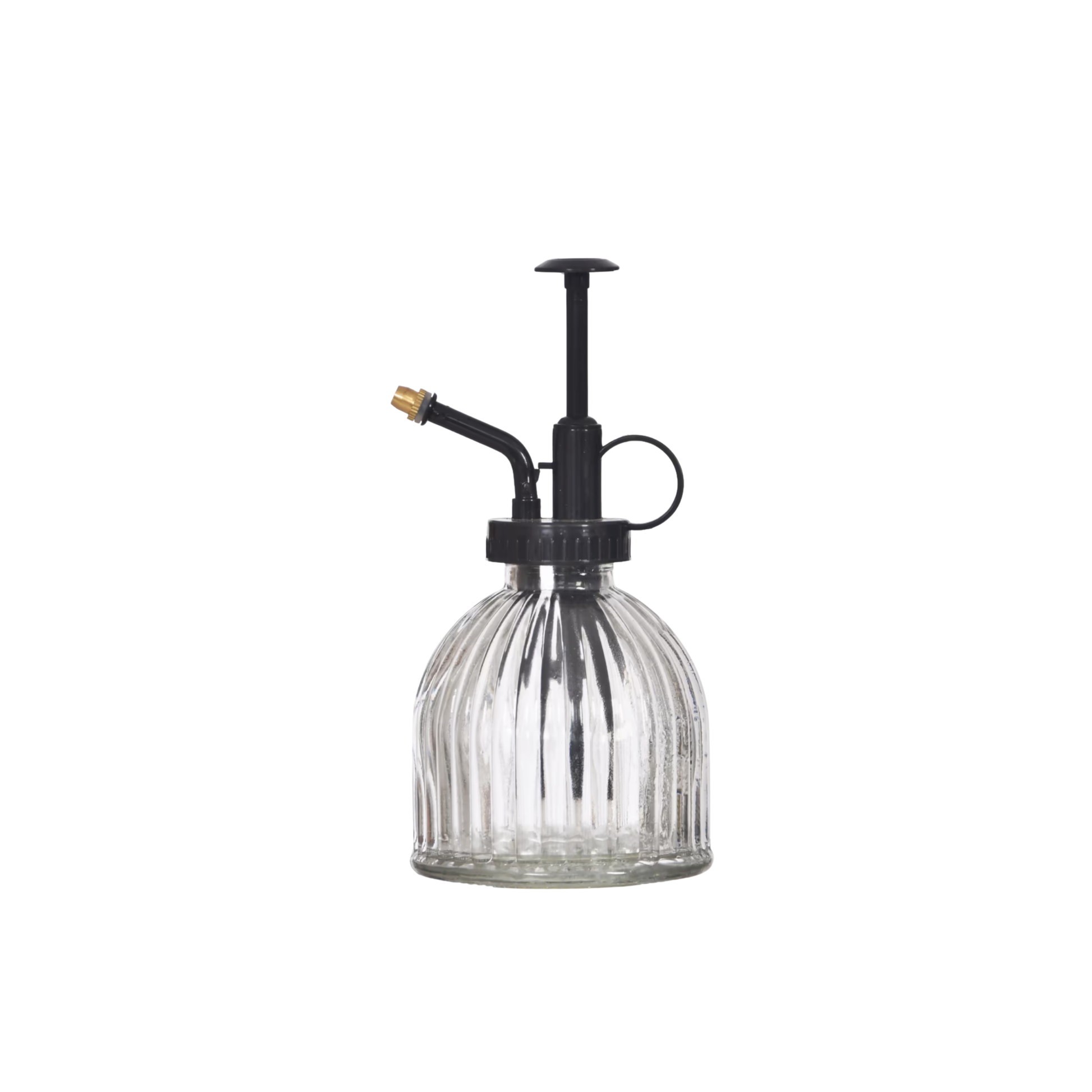 Glass plant mister side angled with black lid and handle 