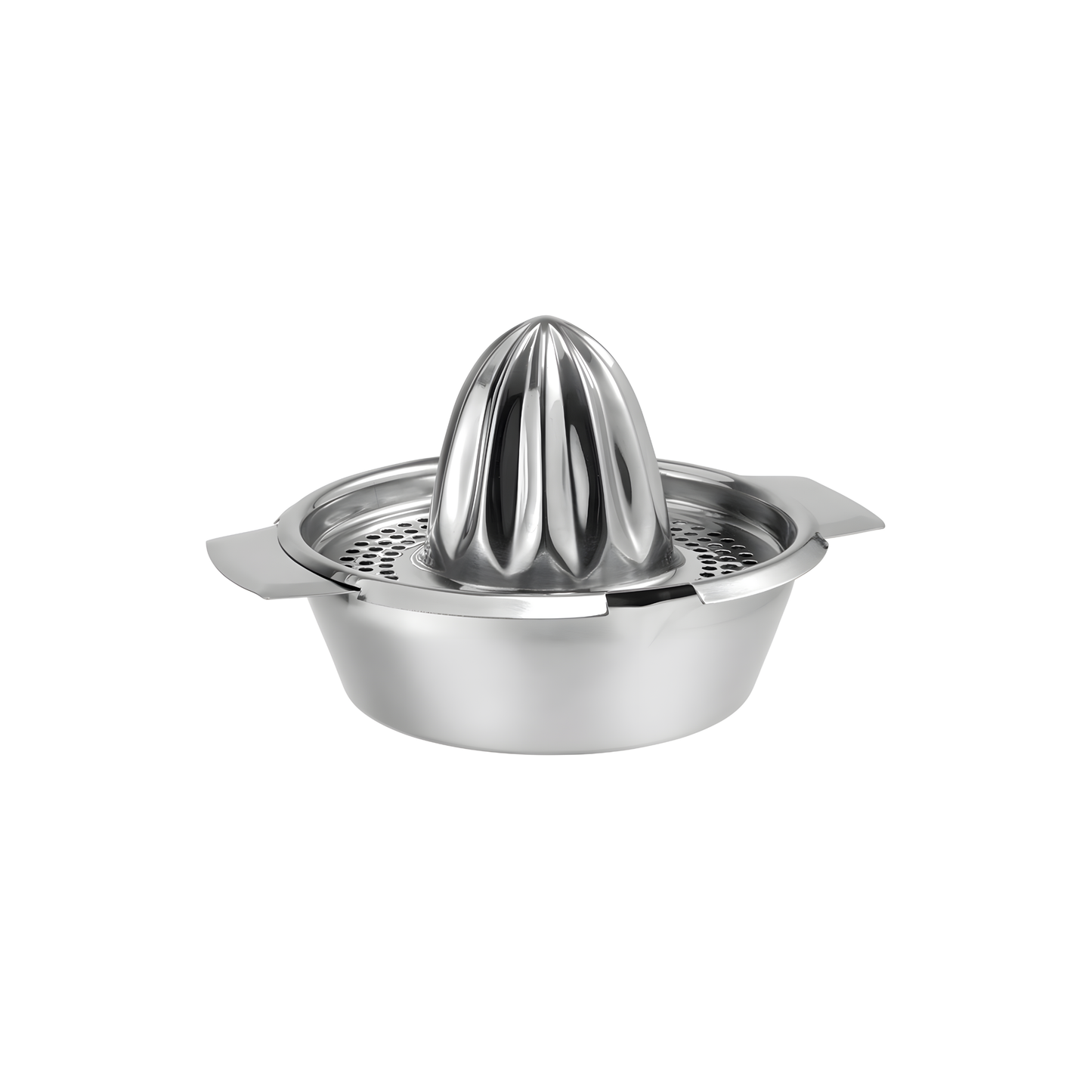 Fathom stainless steel orange juicer with side handles and pouring spouts, classic manual citrus juicer for oranges and other citrus fruits.