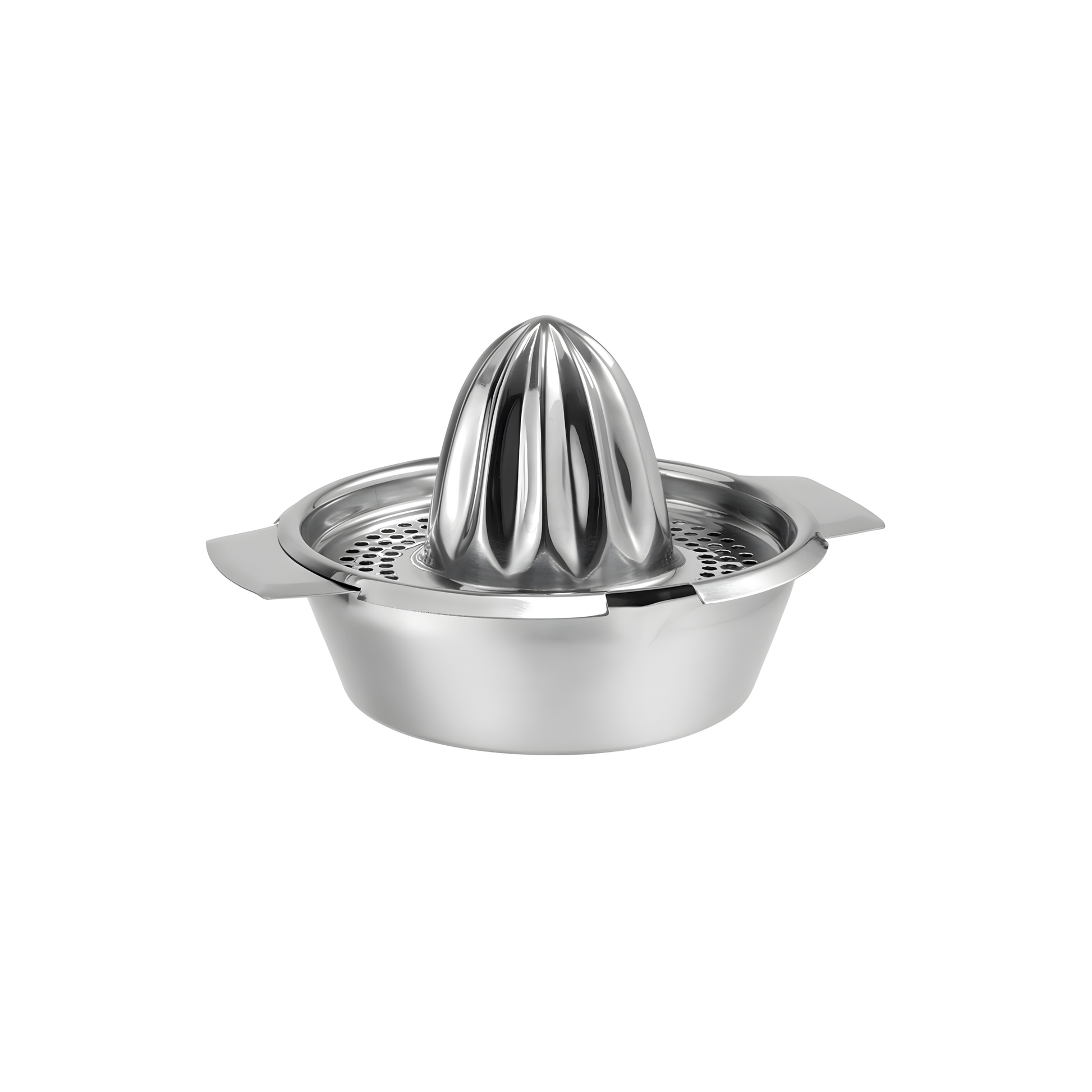 Fathom stainless steel orange juicer with side handles and pouring spouts, classic manual citrus juicer for oranges and other citrus fruits.