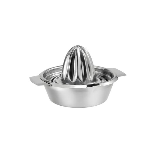 Fathom stainless steel orange juicer with side handles and pouring spouts, classic manual citrus juicer for oranges and other citrus fruits.