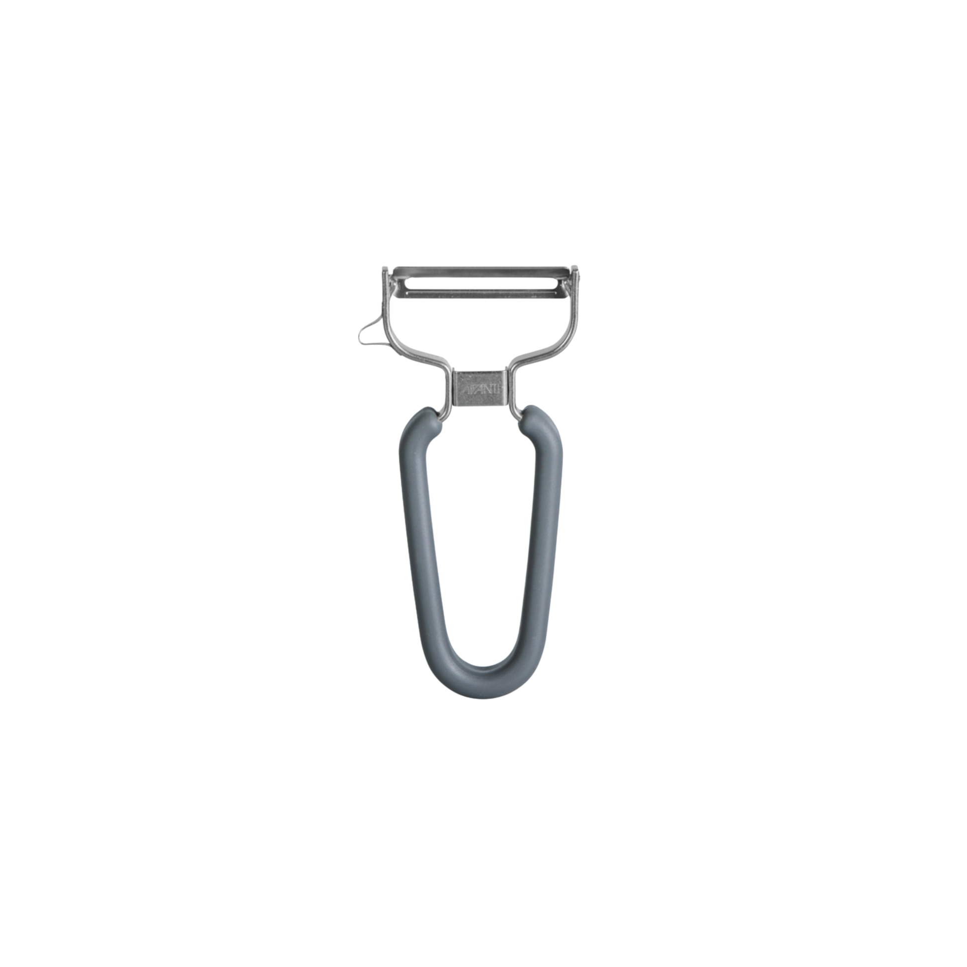 Front view of grey peeler with rubber handle