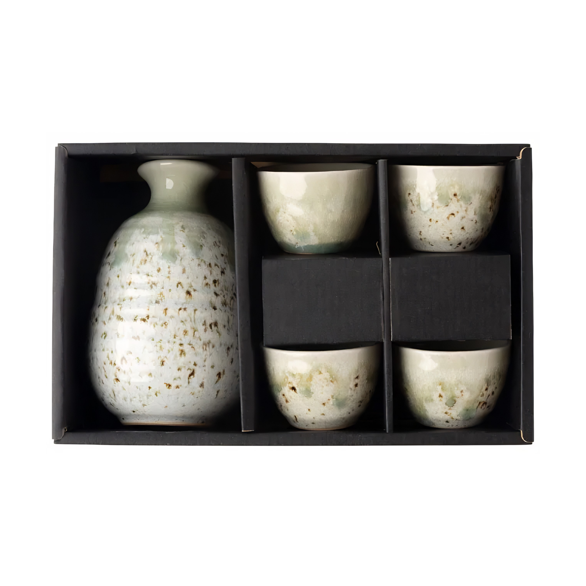 Fathom Sake Set for Four 280ml Green Drip Glaze with four 50 ml cups, packaged in a sleek gift box.