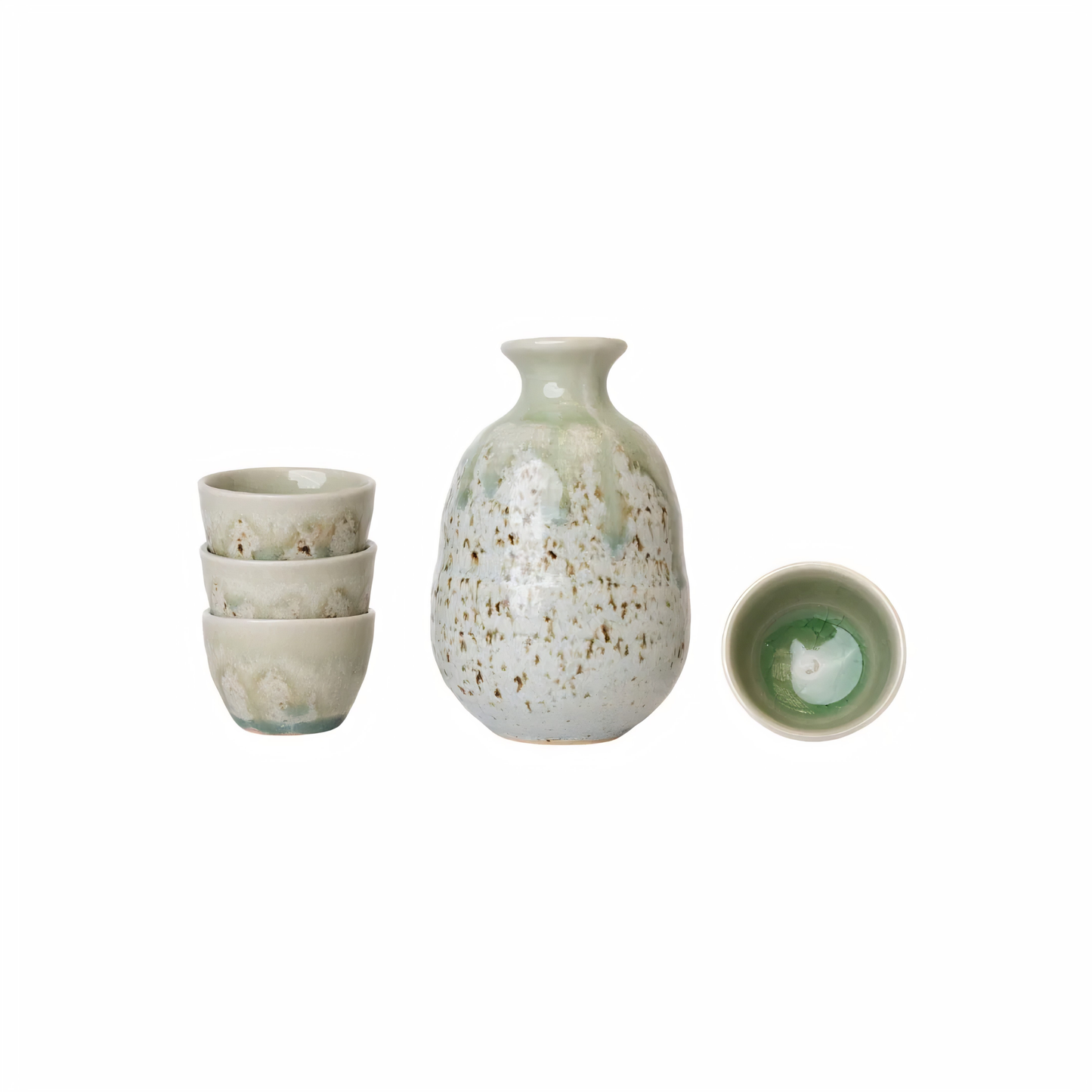 Etched image of the set and inside the cup all from Fathom Sake Set for Four 280ml Green Drip Glaze with four 50 ml cups, packaged in a sleek gift box