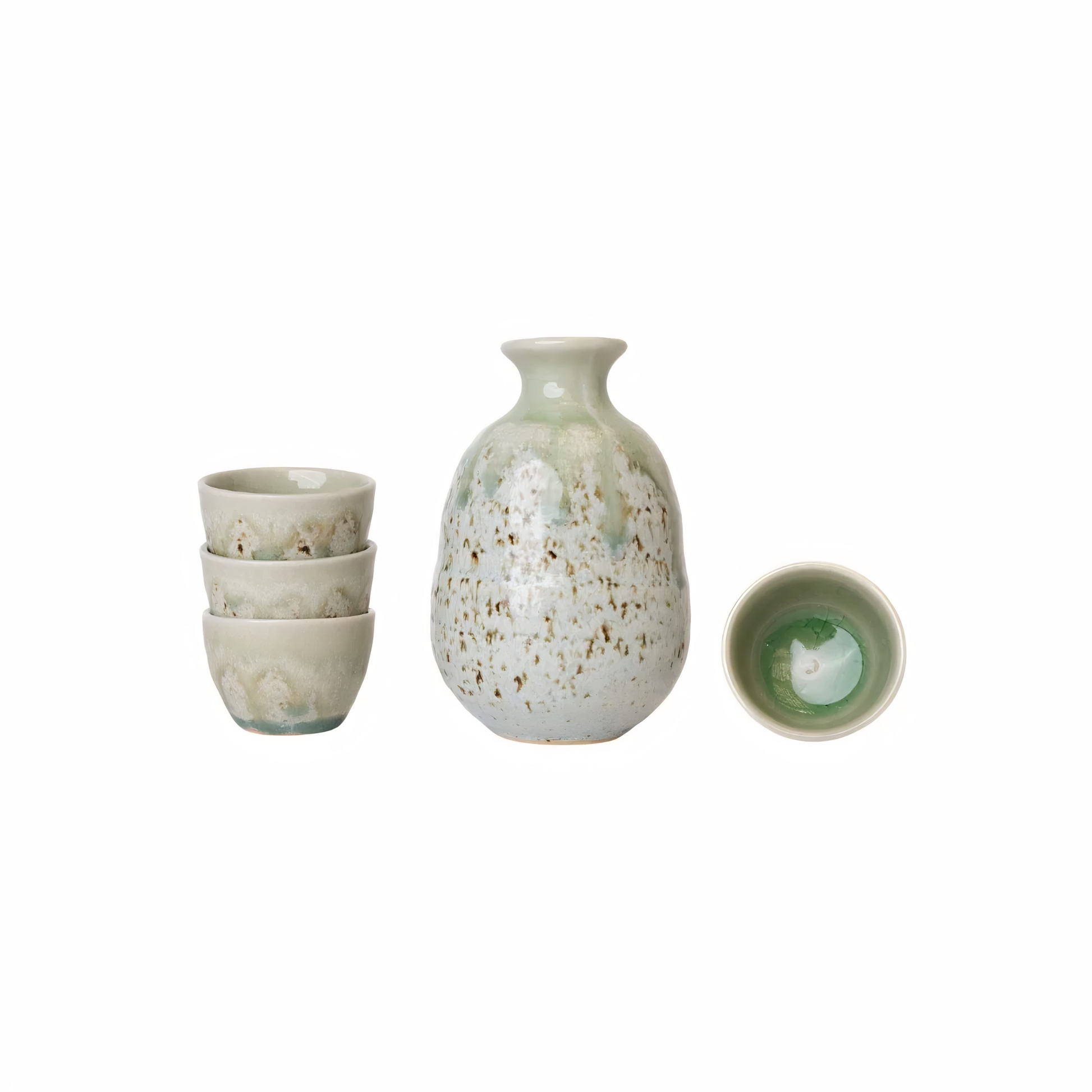 Etched image of the set and inside the cup all from Fathom Sake Set for Four 280ml Green Drip Glaze with four 50 ml cups, packaged in a sleek gift box