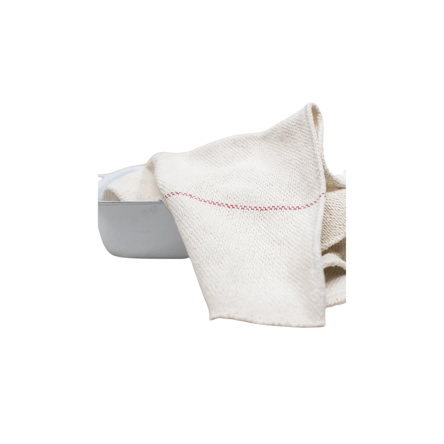 On a tray, Fathom Red Stripe Selvedge Cloth - Durable all-purpose cleaning and kitchen cloth with charming selvedge ends; perfect for everyday household use and general cleaning tasks.