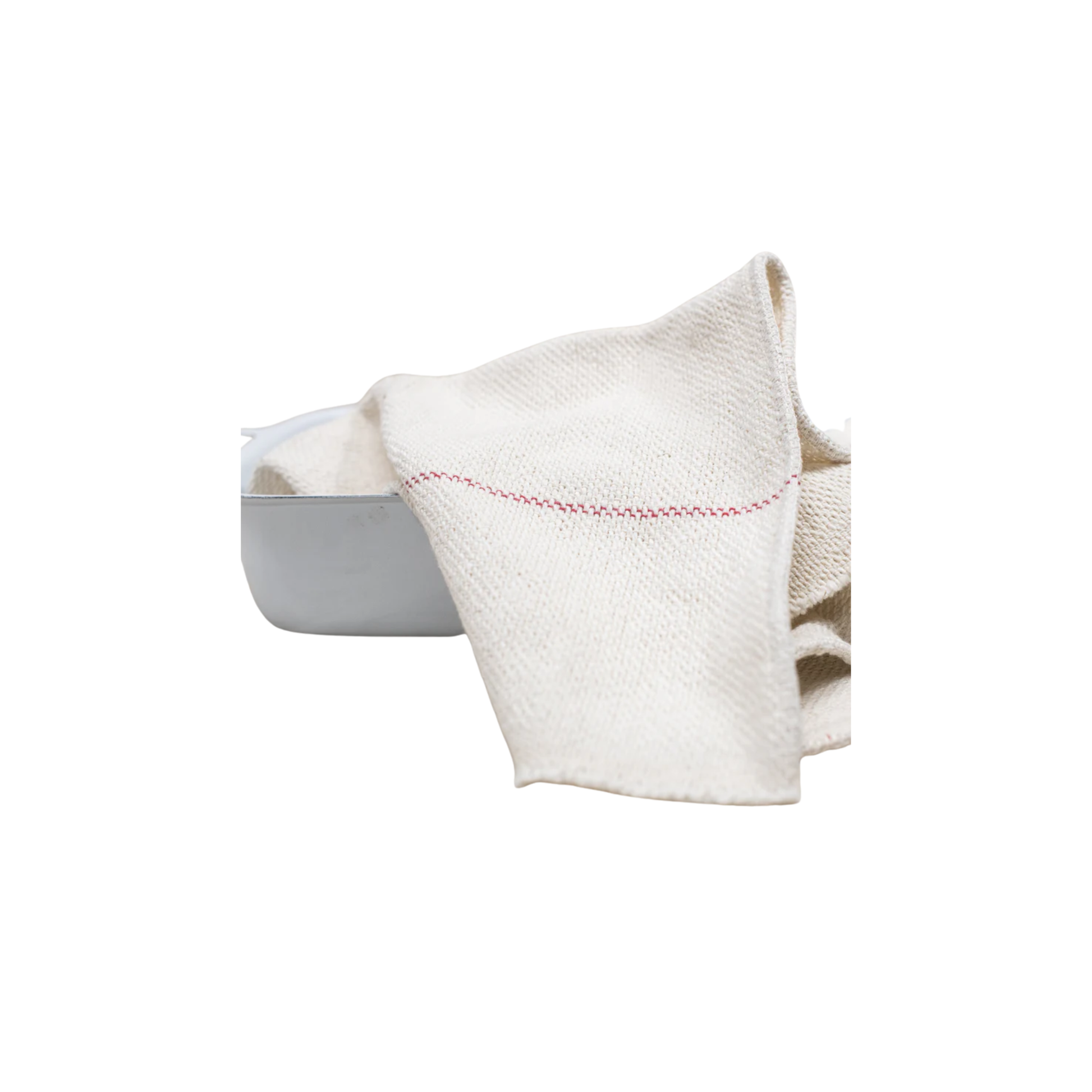 On a tray, Fathom Red Stripe Selvedge Cloth - Durable all-purpose cleaning and kitchen cloth with charming selvedge ends; perfect for everyday household use and general cleaning tasks.