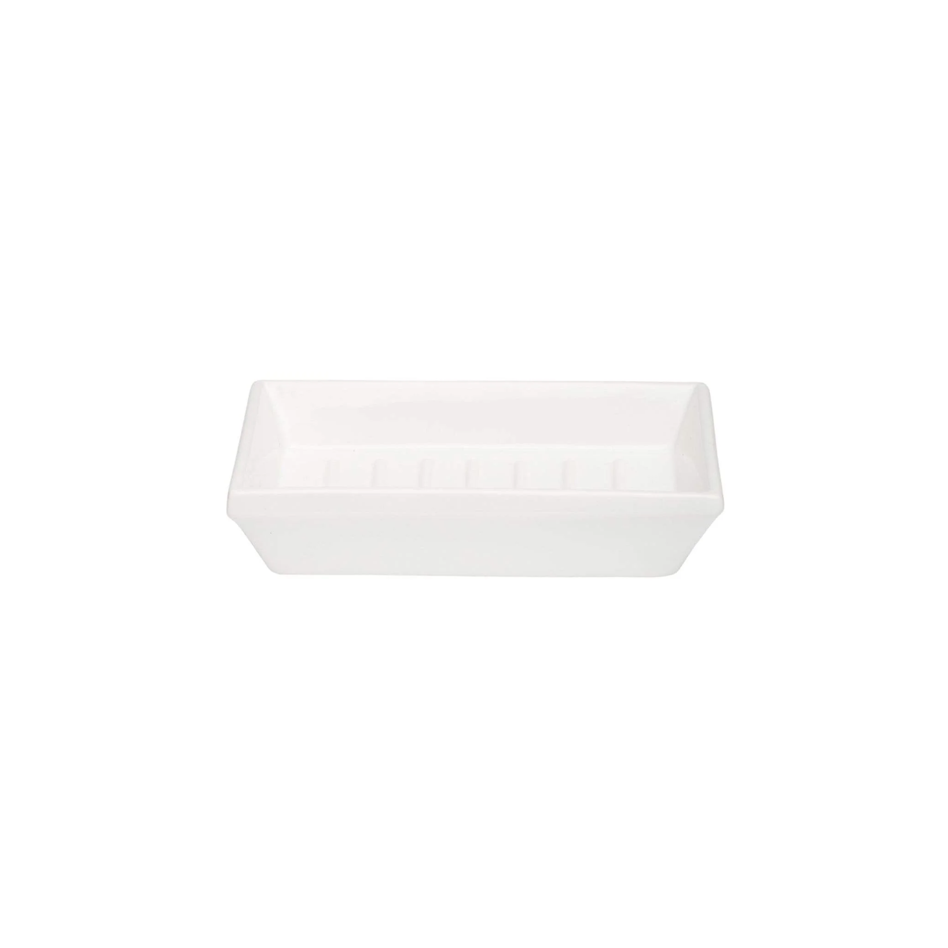 Semi-top view of the Fathom Soap Dish Classic white, made from fine grade white ceramic for classic or contemporary bathrooms, and to hold Acca Kappa, Claus Porto and Nesti Dante soaps, 14x10x3cm.