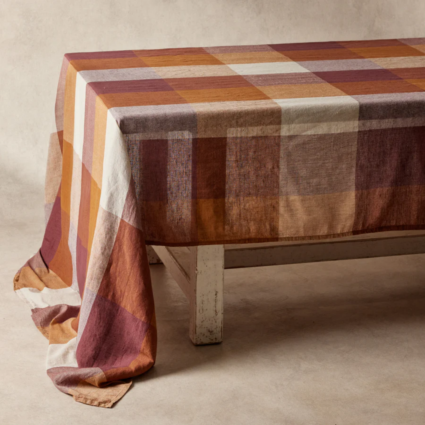 Shown laid on a rectangle table Fathom Tablecloth, marshmallow - Rectangular Linen Cotton Blend - Multicolour Check Plaid - Linen & Cotton - Hemmed edge with refined finish