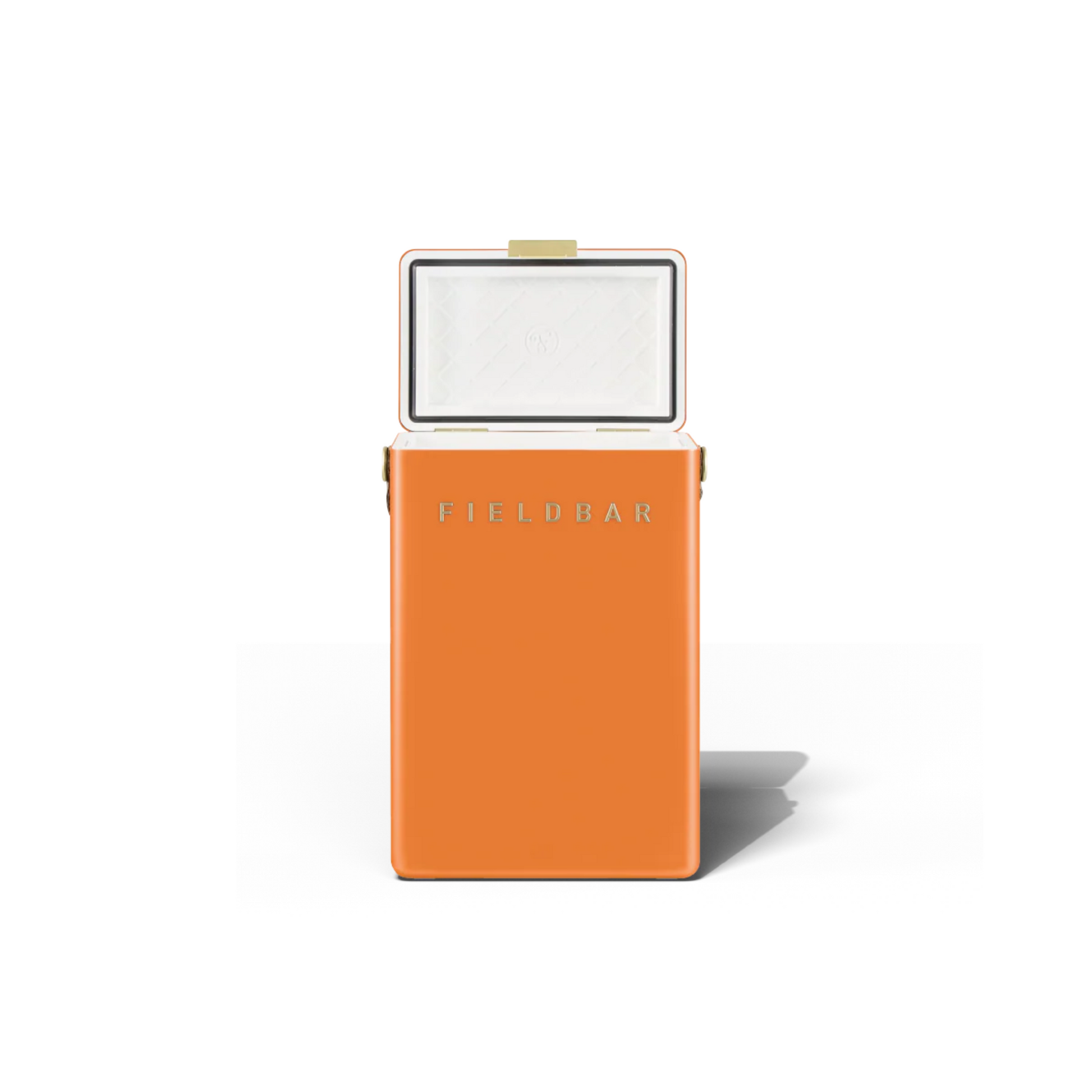 Open and front view of FIELDBAR Drinks Box MK II hardcase cooler, orchard orange, 10L capacity, durable and comfortable to carry.