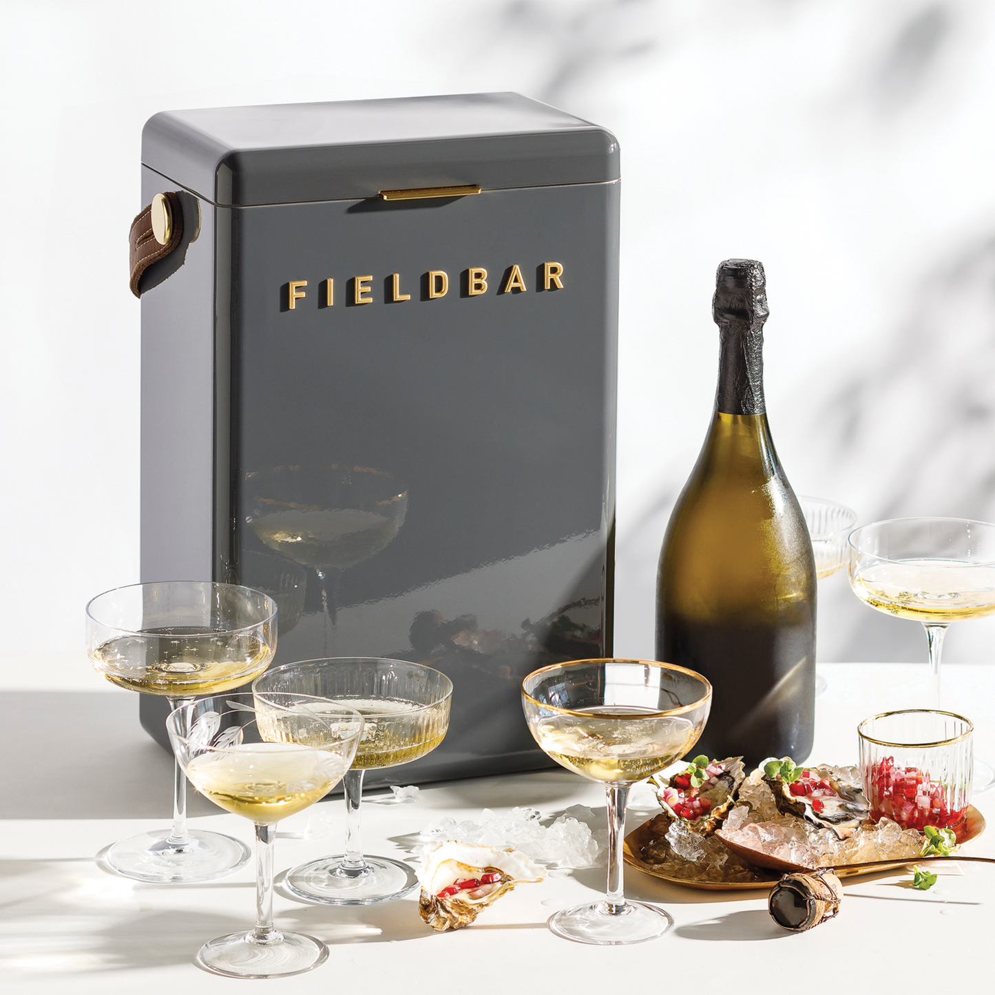 Front view of FIELDBAR Drinks Box MK II hardcase cooler, oyster grey, 10L capacity, durable and comfortable to carry, shown as with wine glasses and bottle.