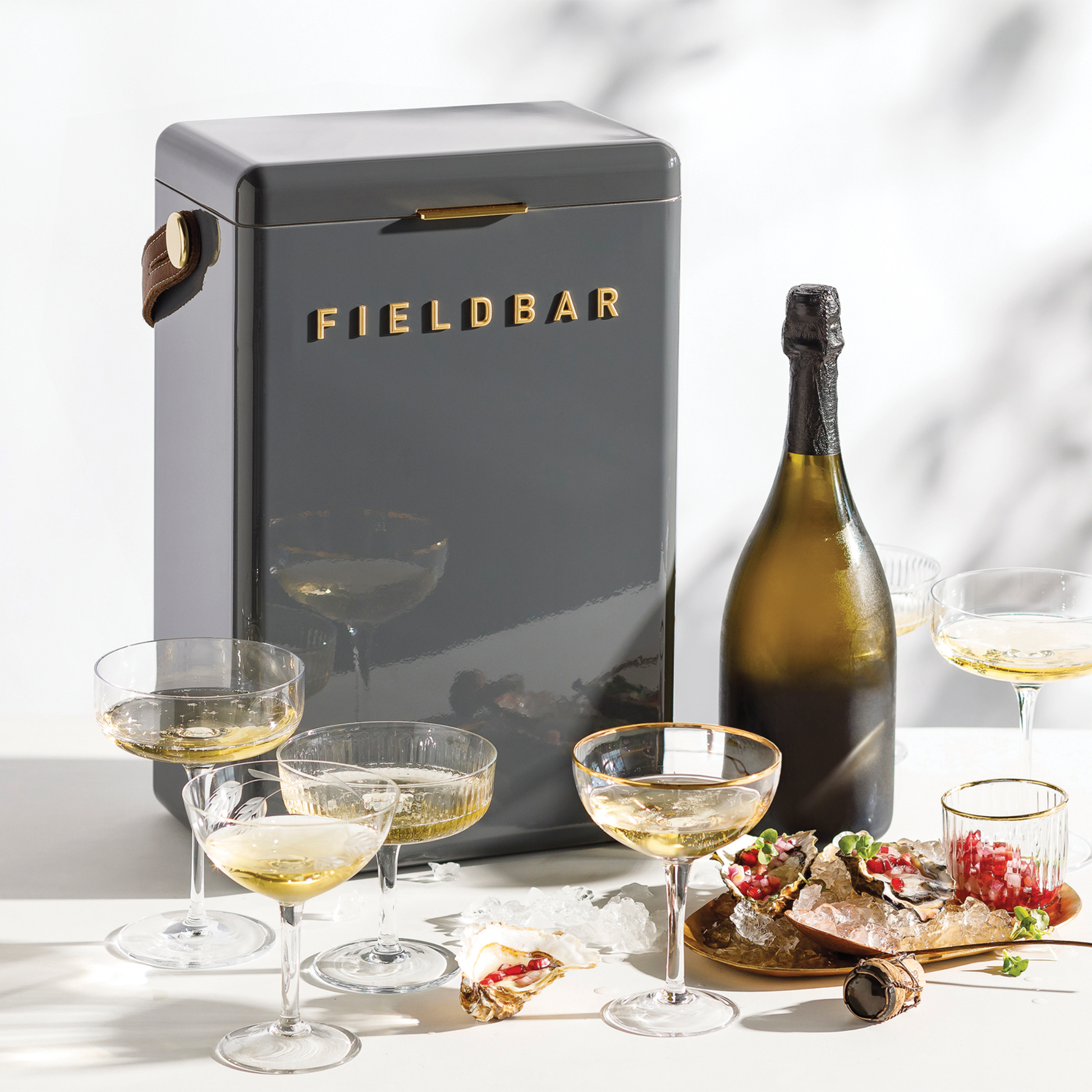 Front view of FIELDBAR Drinks Box MK II hardcase cooler, oyster grey, 10L capacity, durable and comfortable to carry, shown as with wine glasses and bottle.