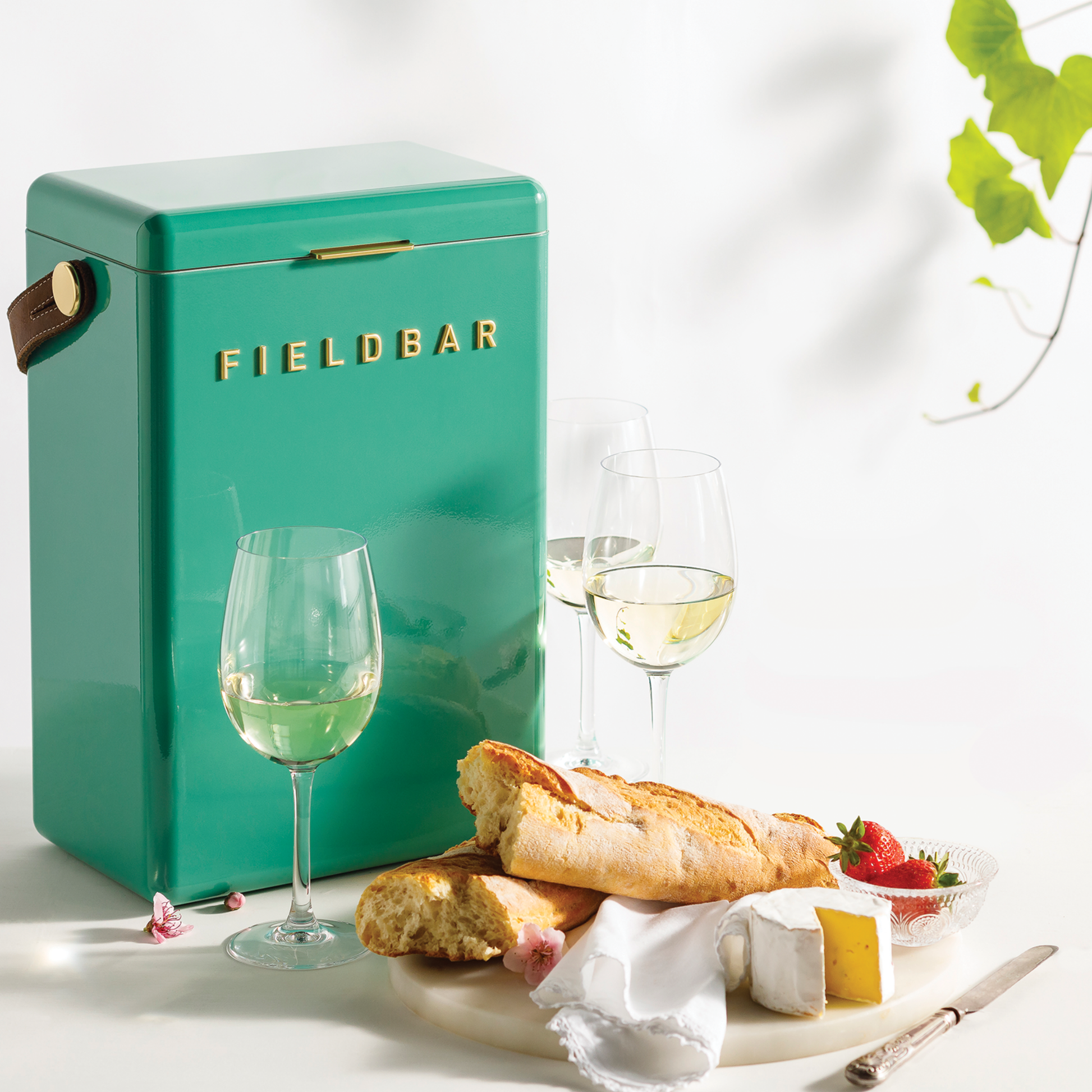 Front view of FIELDBAR Drinks Box MK II hardcase cooler, Parisian green, 10L capacity, durable and comfortable to carry, shown with food and wine glasses beside it.
